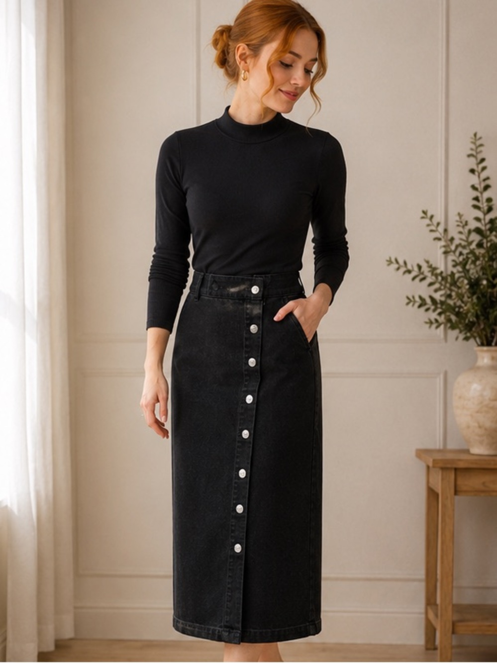 Button-Front Black Denim Midi Skirt